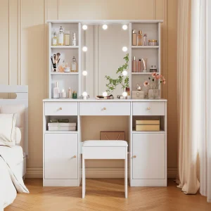 Kaptafelset – 110 x 40 x 151 cm – make-uptafel met led-verlichting + spiegel + kruk + 3 lades + 2 deuren – spaanplaat – wit