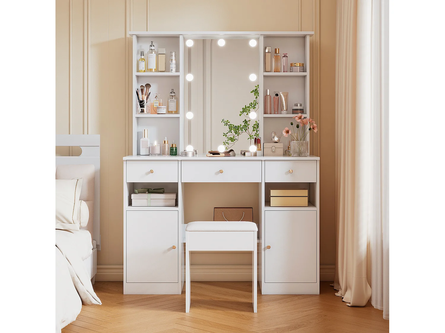 Kaptafelset - 110 x 40 x 151 cm - make-uptafel met led-verlichting + spiegel + kruk + 3 lades + 2 deuren - spaanplaat - wit