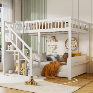 Hoogslaper 140 x 200 cm, multifunctionele kinderhoogslaper met trap en opbergruimte, wit Hoogslaper 140 x 200 cm, multifunctionele kinderhoogslaper met trap en opbergruimte, wit