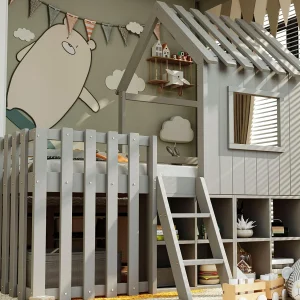 Hutbed kind 90×200 cm – met dak + raam – met trapje van 2 treden en plankjes – grijs