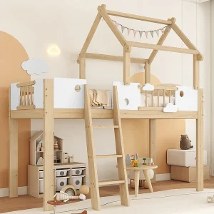 Hoogslaper voor kinderen 90×200 met valbeveiliging en veiligheidsbeugel met schuine ladder met drie treden, grenen + MDF + multiplex, wit + naturel Hoogslaper voor kinderen 90×200 met valbeveiliging en veiligheidsbeugel met schuine ladder met drie treden, grenen + MDF + multiplex, wit + naturel