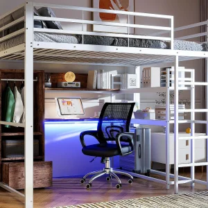 Hogeslaapbed 140×200 cm – met LED-verlichting – met bureau – met 1 lade – met ladder – wit Hogeslaapbed 140×200 cm – met LED-verlichting – met bureau – met 1 lade – met ladder – wit
