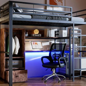 Hogeslaapbed 90×200 cm – met LED-verlichting – met bureau – met 1 lade – met ladder – zwart Hogeslaapbed 90×200 cm – met LED-verlichting – met bureau – met 1 lade – met ladder – zwart