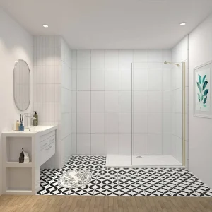 Inloopdouche-douchewand-walk in 10mm NANO EasyClean veiligheidsglas，40x200cm+50cm Stabilisatiestang,gouden profiel