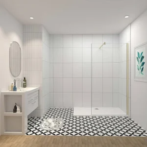 Inloopdouche-douchewand-walk in 8mm NANO EasyClean veiligheidsglas,90x200cm+F-vorm: 90 Stabilisatiestang,gouden profiel Inloopdouche-douchewand-walk in 8mm NANO EasyClean veiligheidsglas,90x200cm+F-vorm: 90 Stabilisatiestang,gouden profiel