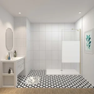 Inloopdouche-douchewand-walk in 90×200 cm,8mm midden wit gematteerd gehard glas met explosieveilige folie+45cm Stabilisatiestang,gouden profiel Inloopdouche-douchewand-walk in 90×200 cm,8mm midden wit gematteerd gehard glas met explosieveilige folie+45cm Stabilisatiestang,gouden profiel
