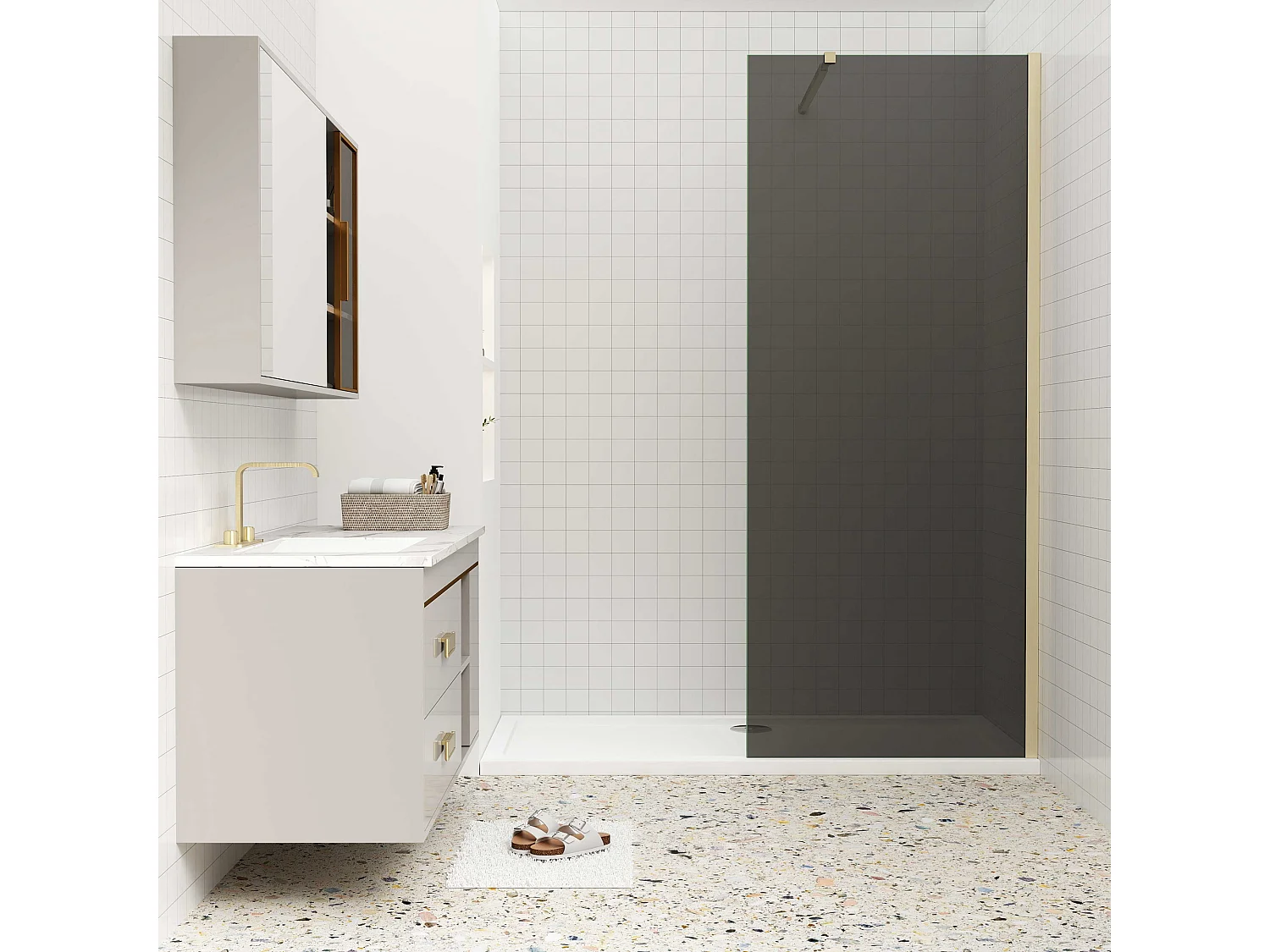 Inloopdouche 100x200cm met zwart folie,10mm NANO EasyClean veiligheidsglas,73-120cm Stabilisatiestang,gouden profiel.