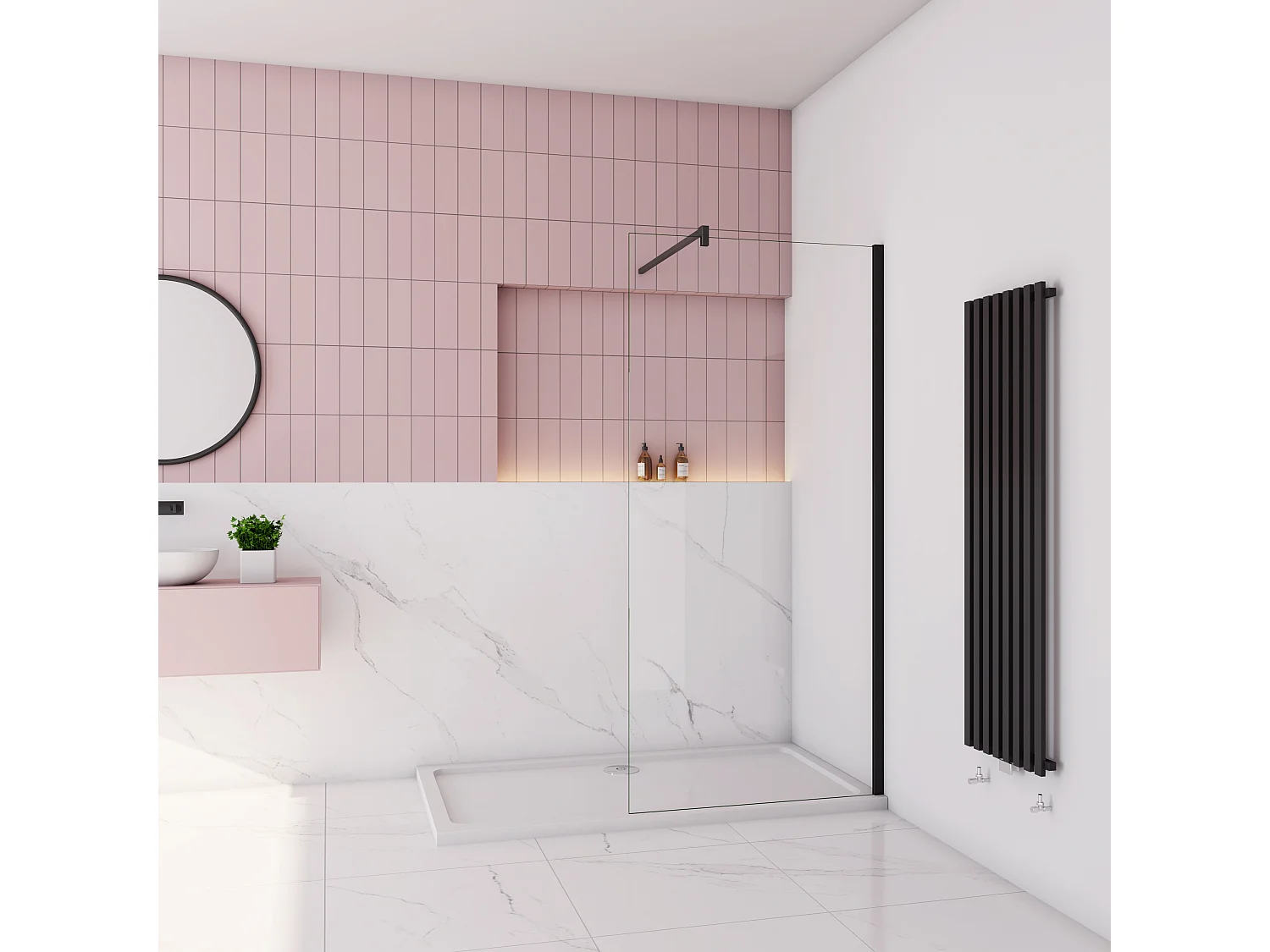 Inloopdouche-douchewand-walk in 8mm NANO EasyClean veiligheidsglas,130x200cm+F-vorm: 140 Stabilisatiestang,mat zwart aluminium profiel.