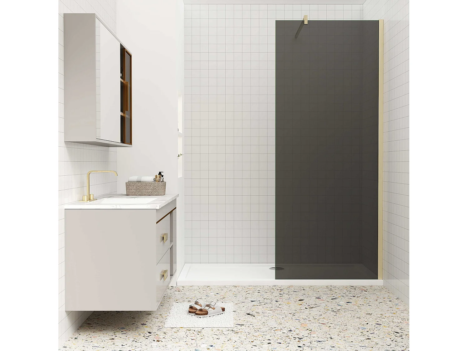 Inloopdouche met zwarte beschermfolie,90x200cm hoog,8mm EasyClean veiligheidsglas,Stabilisatiestang N-Form:90cm,gouden profiel.