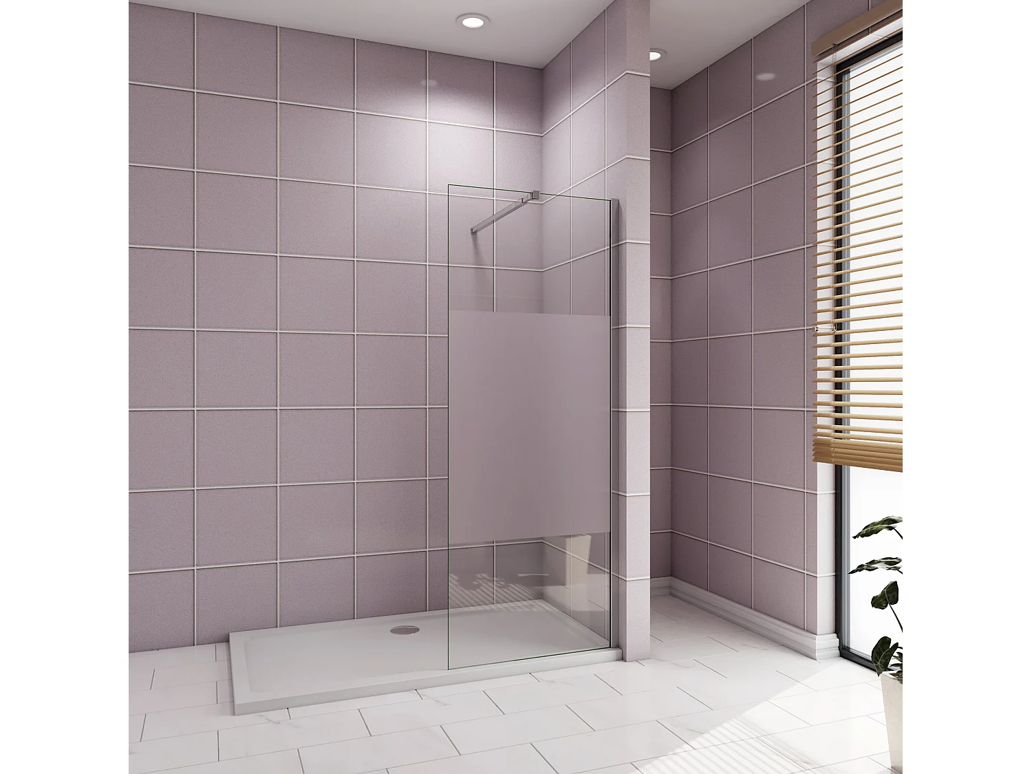 Inloopdouche-douchewand-walk in 100x200 cm,10mm midden wit gematteerd gehard glas met explosieveilige folie+73-120cm Stabilisatiestang,glanzend chroom profiel