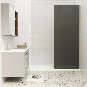 Inloopdouche 120x200cm met zwart folie,10mm NANO EasyClean veiligheidsglas,N-vorm: 140cm Stabilisatiestang,gouden profiel. Inloopdouche 120x200cm met zwart folie,10mm NANO EasyClean veiligheidsglas,N-vorm: 140cm Stabilisatiestang,gouden profiel.
