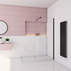 Inloopdouche-douchewand-walk in 10mm NANO EasyClean veiligheidsglas，150x200cm+F-vorm: 140 Stabilisatiestang,mat zwart aluminium profiel.