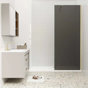 Inloopdouche met zwarte beschermfolie,120x200cm hoog,8mm EasyClean veiligheidsglas,Stabilisatiestang 73-120cm,gouden profiel. Inloopdouche met zwarte beschermfolie,120x200cm hoog,8mm EasyClean veiligheidsglas,Stabilisatiestang 73-120cm,gouden profiel.