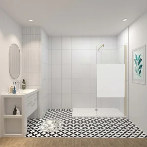 Inloopdouche-douchewand-walk in 80×200 cm,8mm midden wit gematteerd gehard glas met explosieveilige folie+F-vorm: 140 Stabilisatiestang,gouden profiel Inloopdouche-douchewand-walk in 80×200 cm,8mm midden wit gematteerd gehard glas met explosieveilige folie+F-vorm: 140 Stabilisatiestang,gouden profiel