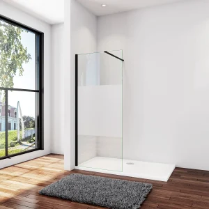 Inloopdouche-douchewand-walk in 120×200 cm,8mm midden wit gematteerd gehard glas met explosieveilige folie+N-vorm: 90 Stabilisatiestang,mat zwart aluminium profiel.