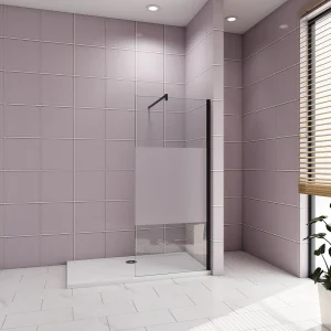 Inloopdouche-douchewand-walk in 90x200cm,10mm midden wit gematteerd gehard glas met explosieveilige folie+F-vorm: 140 Stabilisatiestang,mat zwart aluminium profiel