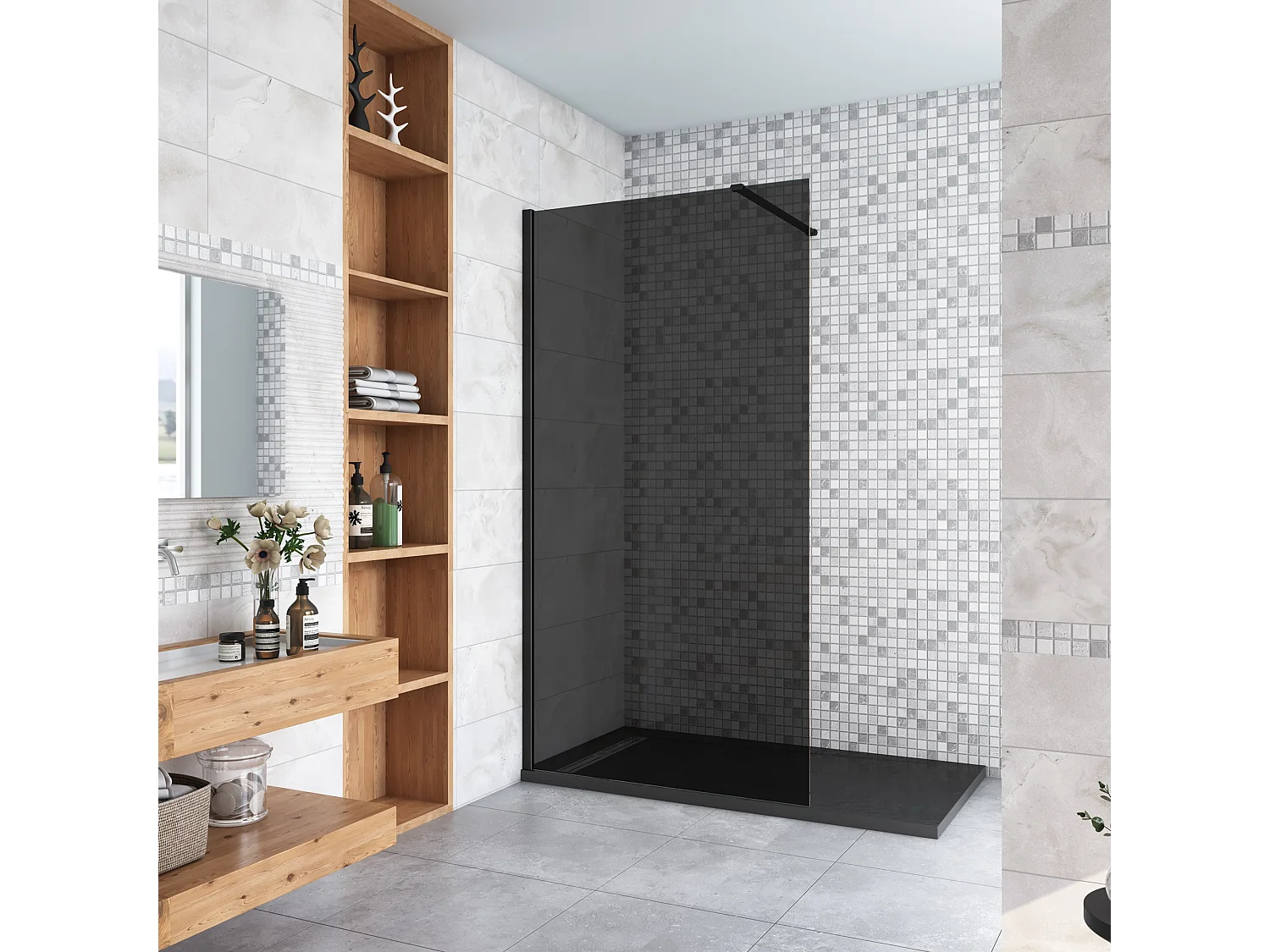 Inloopdouche met zwarte beschermfolie,110x200cm hoog,8mm EasyClean veiligheidsglas,Stabilisatiestang N-Form:90cm,mat zwart aluminium profiel.