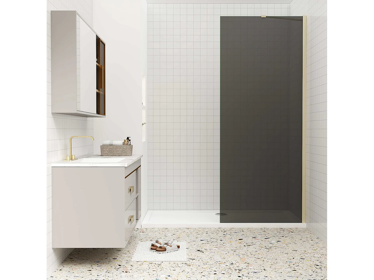 Inloopdouche met zwarte beschermfolie,90x200cm hoog,8mm EasyClean veiligheidsglas,Stabilisatiestang 50cm,gouden profiel.