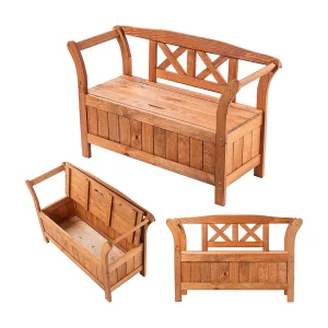 KADAX Tuinbank, 119 x 43 x 75 cm, bank van een vezelplaat, zitbank met opbergruimte en rugleuning, weerbestendige houten bank voor tuin, balkon, 119 cm, gouden KADAX Tuinbank, 119 x 43 x 75 cm, bank van een vezelplaat, zitbank met opbergruimte en rugleuning, weerbestendige houten bank voor tuin, balkon, 119 cm, gouden