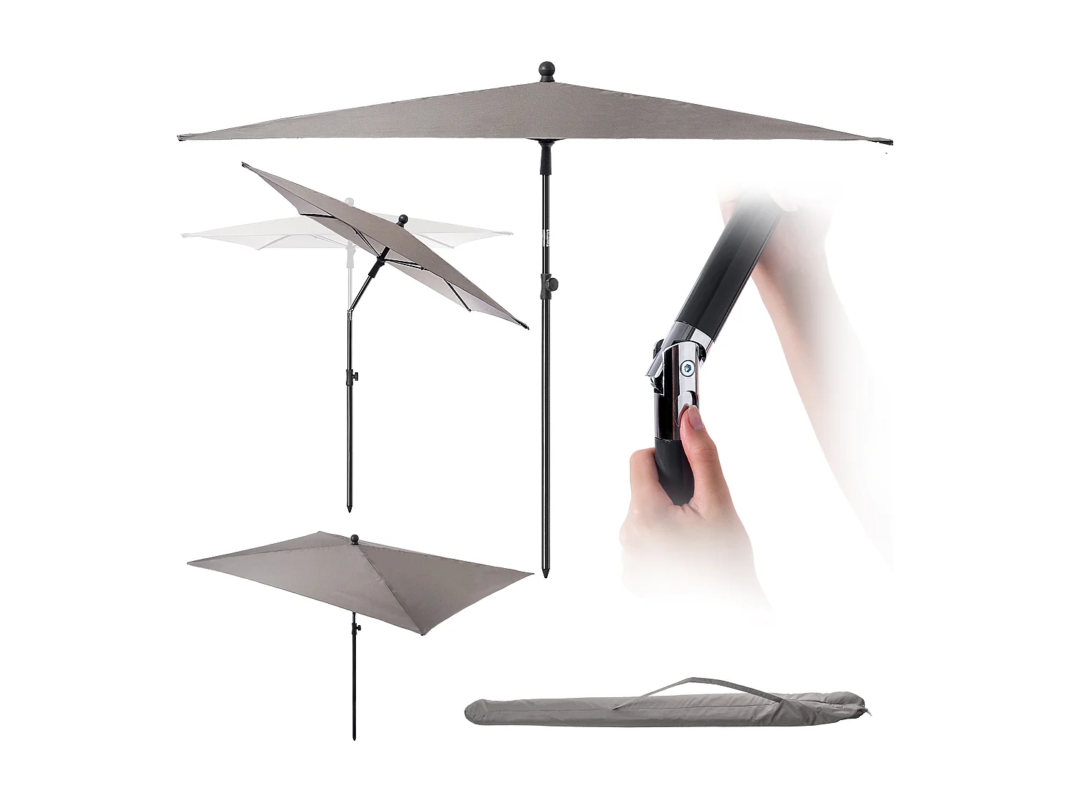 KADAX Rechthoekige balkonparasol, 210 x 140 cm, in hoogte verstelbare parasol voor balkon en terras, knikbare terrasparasol met transporttas, taupe, 210 x 140 cm