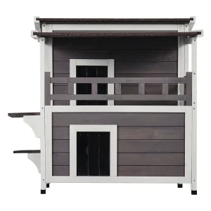 Kattenhuis, SucceBuy Buitenkattenhuis – 2-verdiepingen Houten Schuilplaats voor Wilde Katten met Balkon en Dak Kattenhuis, SucceBuy Buitenkattenhuis – 2-verdiepingen Houten Schuilplaats voor Wilde Katten met Balkon en Dak