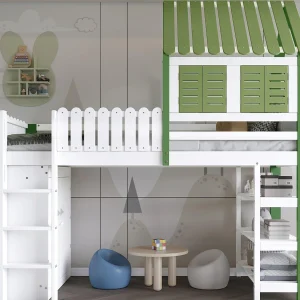 Hoogbed 90×200 cm – met open planken en kast – met hekwerk – dakvorm – Wit + Groen (zonder matras) Hoogbed 90×200 cm – met open planken en kast – met hekwerk – dakvorm – Wit + Groen (zonder matras)