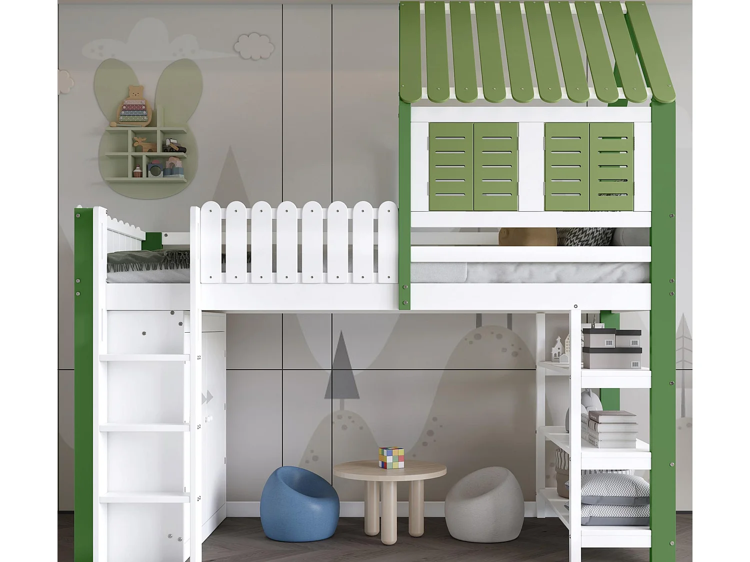 Hoogbed 90x200 cm - met open planken en kast - met hekwerk - dakvorm - Wit + Groen (zonder matras)