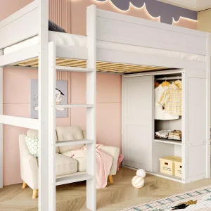 Hoogbed 90×200 cm – met kast + opbergruimte – open ruimte onder het bed – wit (zonder matras) Hoogbed 90×200 cm – met kast + opbergruimte – open ruimte onder het bed – wit (zonder matras)