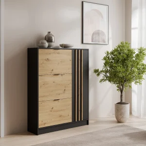 Schoenenkast met 1 deur en 3 neerklapbare compartimenten – Natuurlijk en Zwart – JANAKIA Schoenenkast met 1 deur en 3 neerklapbare compartimenten – Natuurlijk en Zwart – JANAKIA