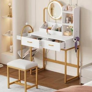 Kaptafel met spiegel 80x40x138,5cm – met krukje – met LED-verlichting – met USB-aansluiting – met 2 lades – met open planken – wit & goud