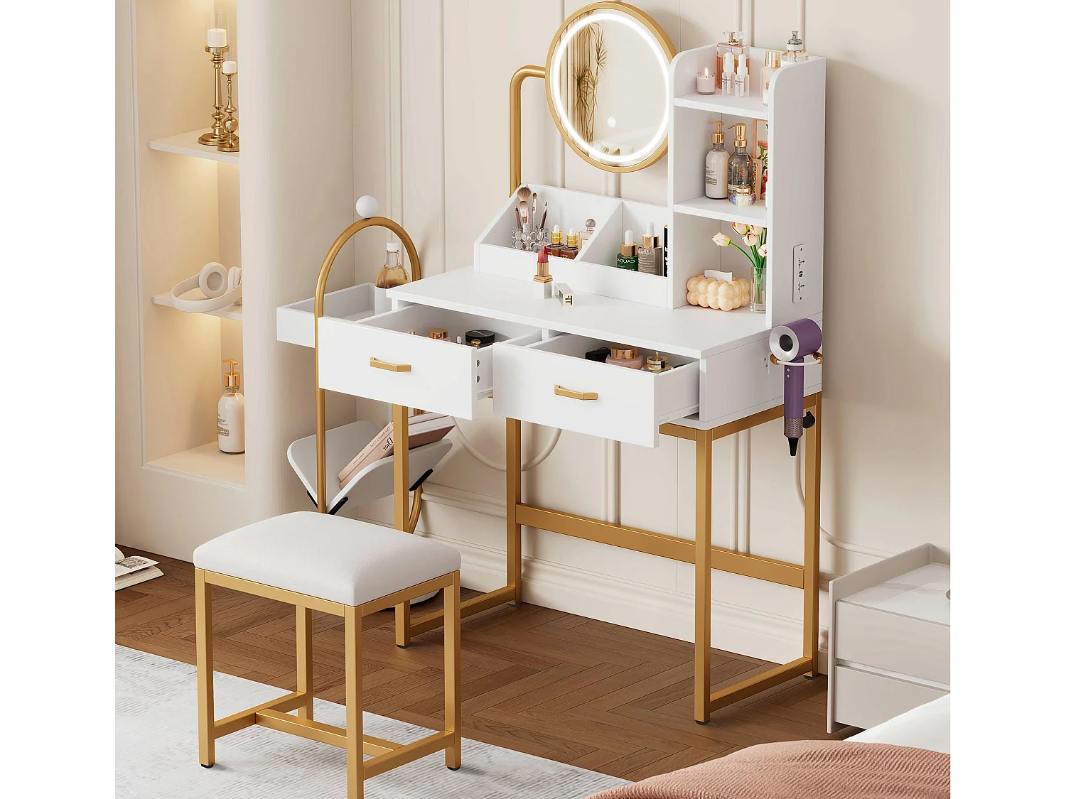 Kaptafel met spiegel 80x40x138,5cm - met krukje - met LED-verlichting - met USB-aansluiting - met 2 lades - met open planken - wit & goud
