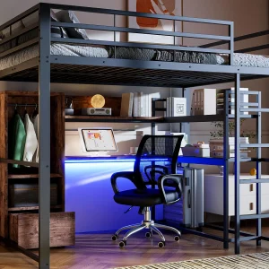 Hoogslaper 140x200cm – met LED-verlichting – met bureau – met 1 lade – met trap – zwart Hoogslaper 140x200cm – met LED-verlichting – met bureau – met 1 lade – met trap – zwart