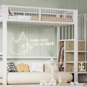Hoogslaper 90×200 cm met kledingkast en trap – metalen frame – Wit