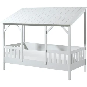 Kajuitbed 90×200 cm en massief grenen bedbodem met wit Mila dak