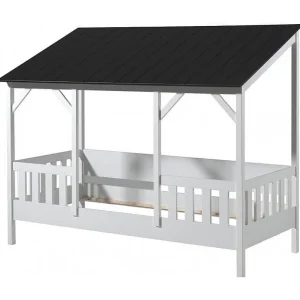Kajuitbed 90×200 cm en massief wit grenen bedbodem met zwart dak Mila