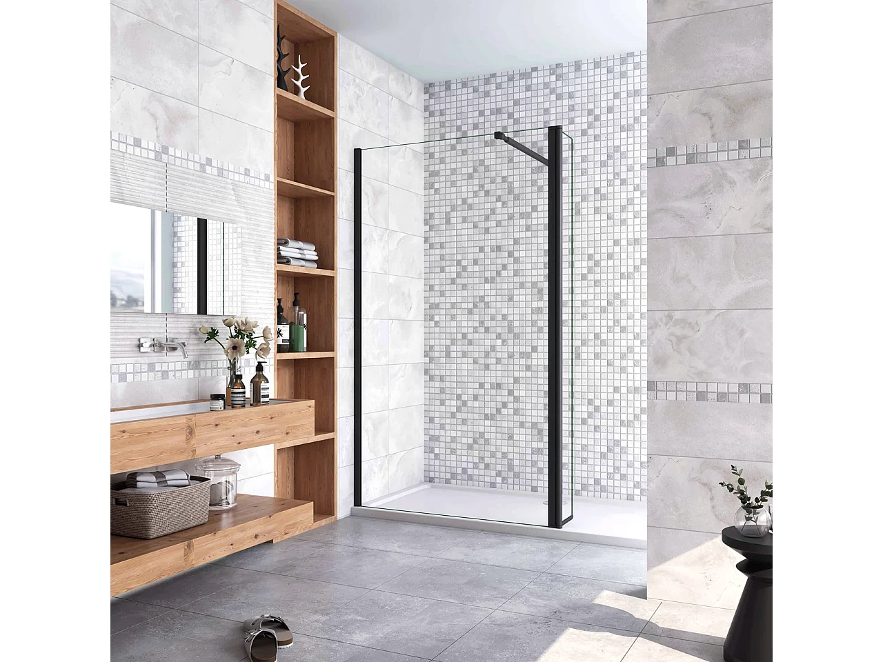 Inloopdouche-douchewand-walk in 8mm NANO EasyClean veiligheidsglas,130x200cm+30x200cm draaibaar hoekprofiel+73-120cm Stabilisatiestang,mat zwart aluminium profiel.