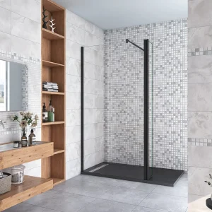 Inloopdouche-douchewand-walk in 8mm NANO EasyClean veiligheidsglas,85x200cm+40x200cm draaibaar hoekprofiel+70-120cm Stabilisatiestang,mat zwart aluminium profiel. Inloopdouche-douchewand-walk in 8mm NANO EasyClean veiligheidsglas,85x200cm+40x200cm draaibaar hoekprofiel+70-120cm Stabilisatiestang,mat zwart aluminium profiel.