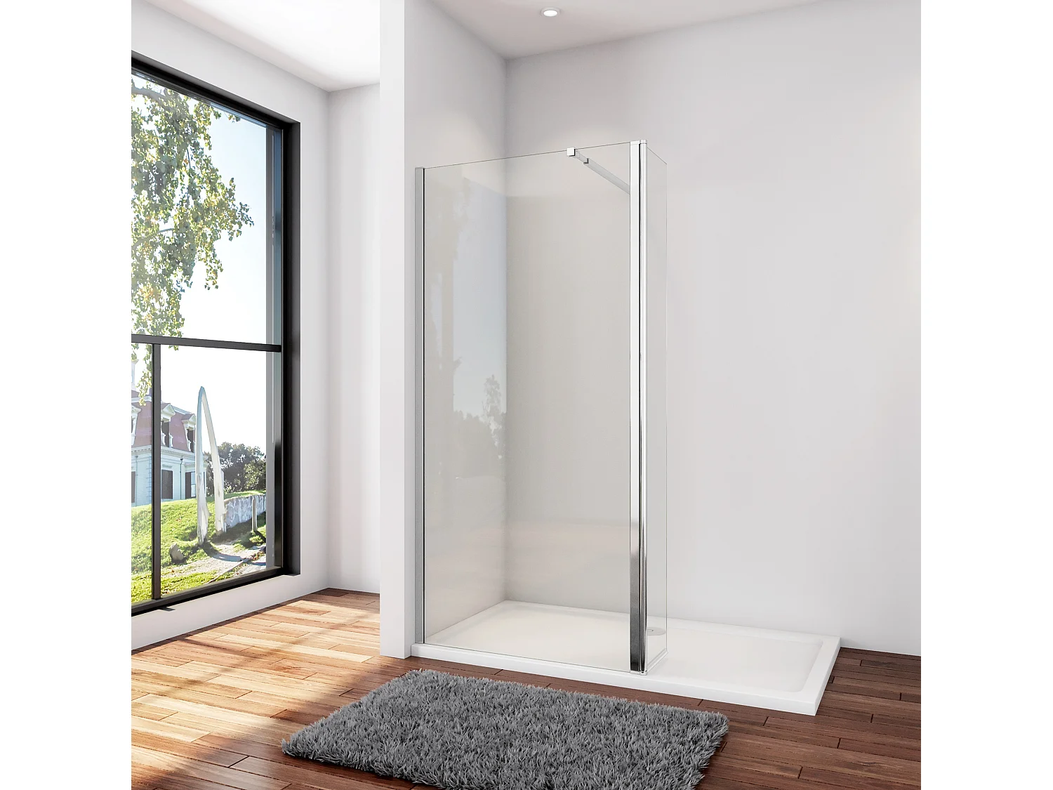 Inloopdouche-douchewand-walk in 8mm NANO EasyClean veiligheidsglas,130x200cm+30x200cm draaibaar hoekprofiel+73-120cm Stabilisatiestang,glanzend chroom profiel