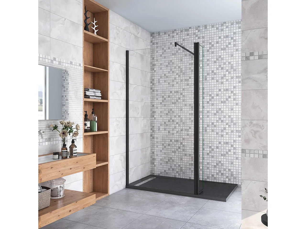 Inloopdouche-douchewand-walk in 10mm NANO EasyClean veiligheidsglas,90x200cm+40x200cm draaibaar hoekprofiel 70-120cm Stabilisatiestang,mat zwart aluminium profiel.