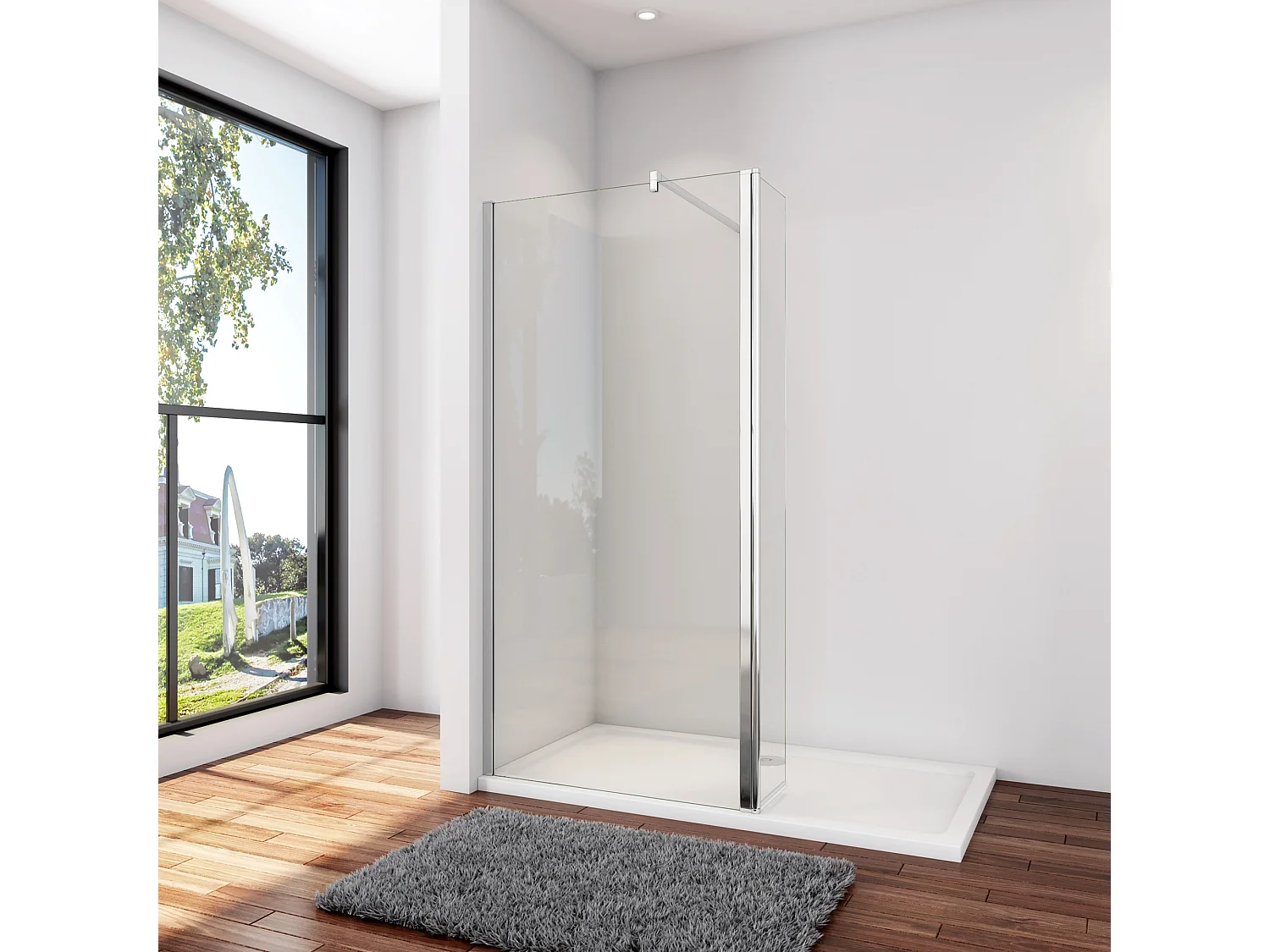Inloopdouche-douchewand-walk in 10mm NANO EasyClean veiligheidsglas,140x200cm+40x200cm draaibaar hoekprofiel F-vorm: 90 Stabilisatiestang,glanzend chroom profiel