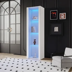 Hoge vitrinekast met 3 glazen planken, wit gelakte MDF-behuizing, inclusief LED – 55x38x166cm Hoge vitrinekast met 3 glazen planken, wit gelakte MDF-behuizing, inclusief LED – 55x38x166cm