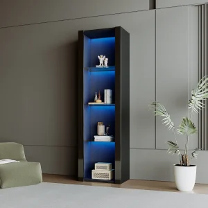 Hoge vitrinekast met 3 glazen planken, zwart gelakte MDF-behuizing, inclusief LED – 55x38x166cm Hoge vitrinekast met 3 glazen planken, zwart gelakte MDF-behuizing, inclusief LED – 55x38x166cm