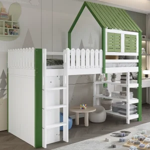 Hoogslaper, kinderbed 90x200cm met trap, kledingkast en opbergplanken, lattenbodem, zonder matras, wit en groen Hoogslaper, kinderbed 90x200cm met trap, kledingkast en opbergplanken, lattenbodem, zonder matras, wit en groen