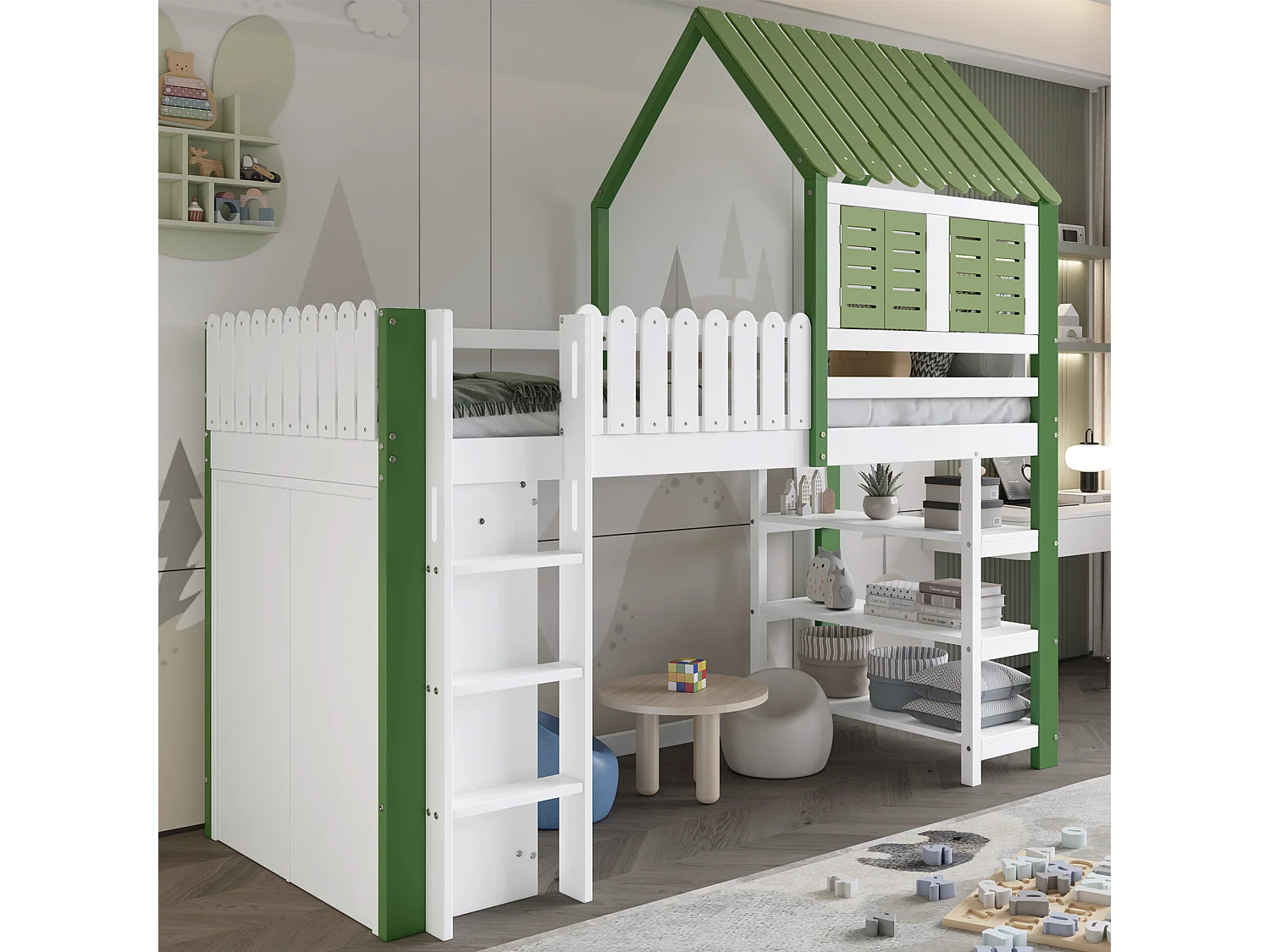 Hoogslaper, kinderbed 90x200cm met trap, kledingkast en opbergplanken, lattenbodem, zonder matras, wit en groen