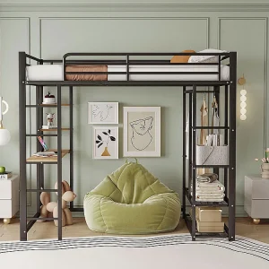 Hoogslaper 90 x 200 cm, met tafel, ladder, hangend ontwerp, opbergvakken, zwart Hoogslaper 90 x 200 cm, met tafel, ladder, hangend ontwerp, opbergvakken, zwart