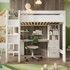 Hoogslaper voor kinderen 90 × 200 cm, met L-vormig bureau, plank en lades, USB/Type-C-oplaadzone, met ladder en houten latten, wit Hoogslaper voor kinderen 90 × 200 cm, met L-vormig bureau, plank en lades, USB/Type-C-oplaadzone, met ladder en houten latten, wit