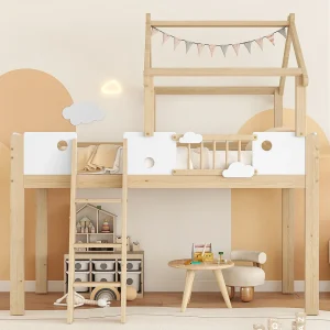Hoogslaper voor kinderen, 90 x 200 cm, met veiligheidshekken en leuning, ladder met drie treden, wit + natuurlijke kleur Hoogslaper voor kinderen, 90 x 200 cm, met veiligheidshekken en leuning, ladder met drie treden, wit + natuurlijke kleur