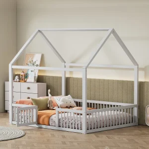 Kajuitbed 140×200 cm, wit, kinderbed met veiligheidsdeur en lattenbodem, zonder matras