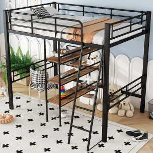 Hoogslaper 90 x 200 cm – Kinderbed met bureau en opbergplank – zwart – zonder matras Hoogslaper 90 x 200 cm – Kinderbed met bureau en opbergplank – zwart – zonder matras