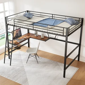 Hoogslaper 90 x 200 cm, Tienerbed met L-vormig bureau en plank, zwart, zonder matras